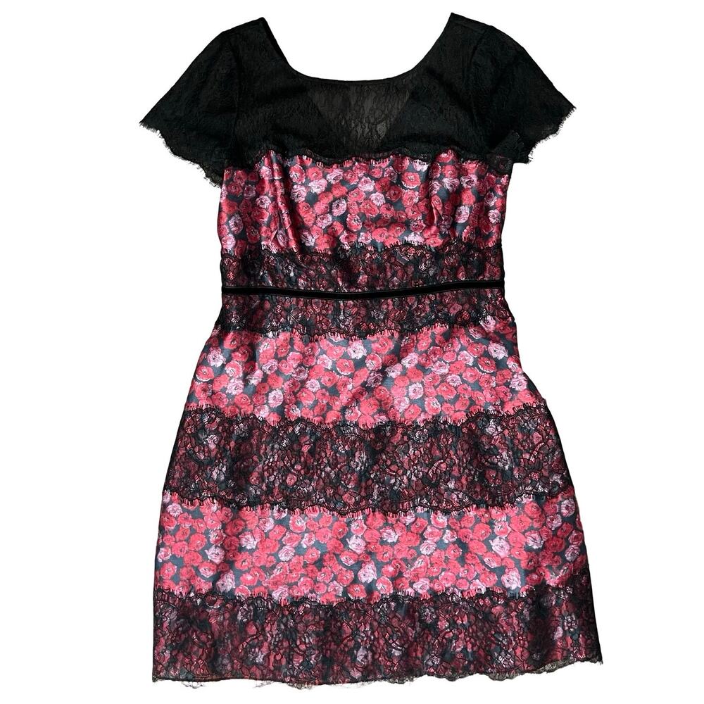 Kay Unger New York Black Pink Cap Sleeve Floral Lace Accent Mini Dress size L - Picture 2 of 11